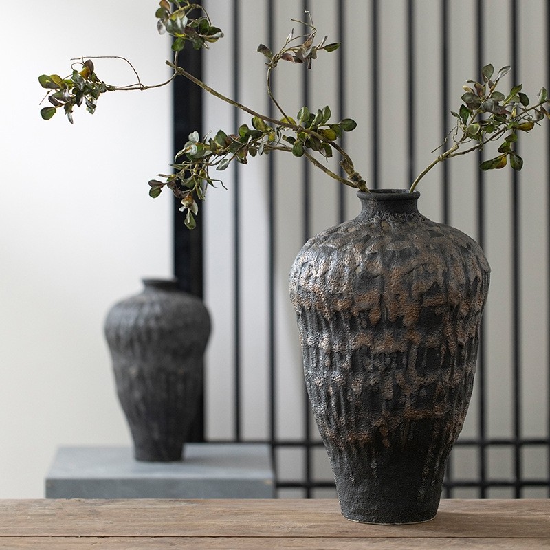 景德镇哑光黑手工陶瓷花瓶展示柜侘寂风陶罐客厅台面插花装饰摆件