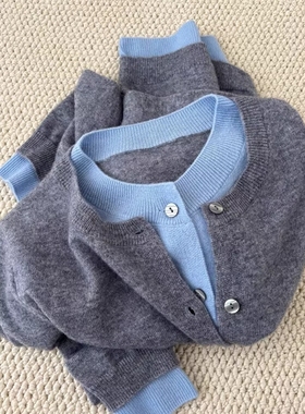 深灰色圆领针织衫女秋冬2025新款设计感假两件大码内搭单排扣毛衣