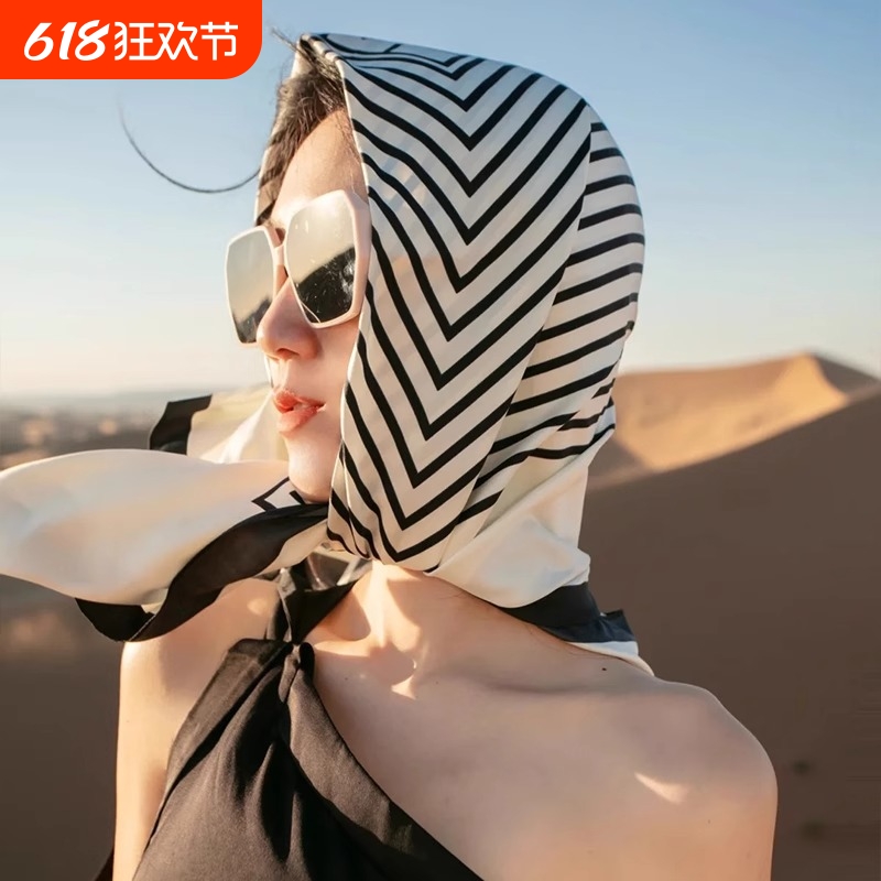法式沙漠埃及旅游拍照防晒围巾海边沙滩丝巾方巾女领巾真丝包头巾