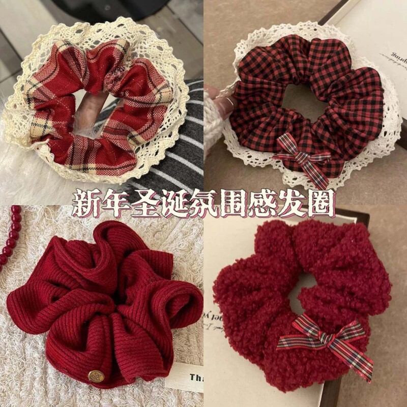 圣诞新年氛围大肠红色发圈格子发绳女生高级秋冬发圈复古头绳头饰