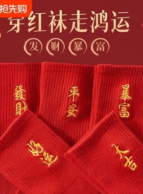 红袜子女秋冬季中筒袜本命年涤棉男女情侣结婚刺绣袜红色新年磨毛