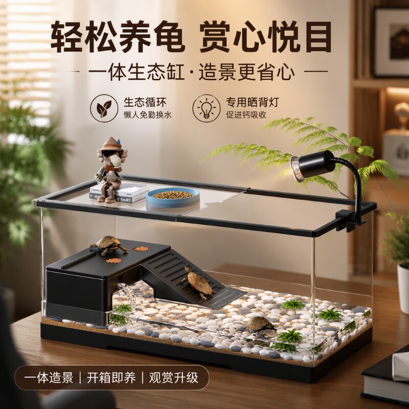 乌龟饲养缸小型造景桌面缸新款客厅带爬台豪华别墅塑料带盖生态缸