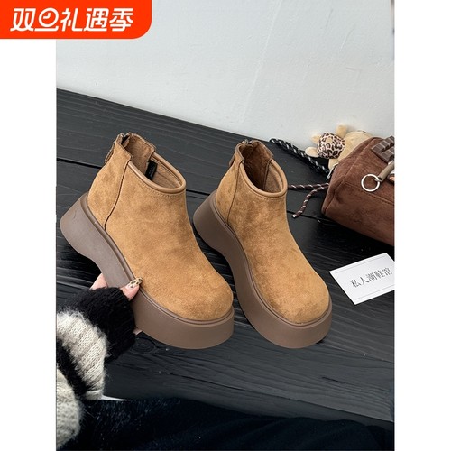 英伦风厚底绒面马丁靴女2025冬季新款大头松糕加绒切尔西勃肯短靴