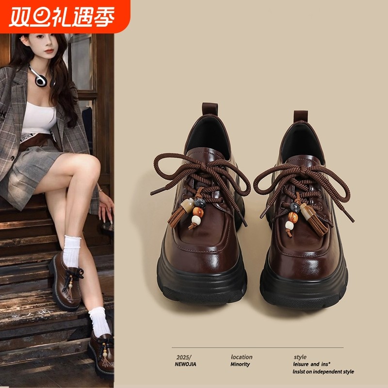 厚底增高跟英伦风小皮鞋女鞋子2025秋季棕色乐福鞋圆头粗跟绑带