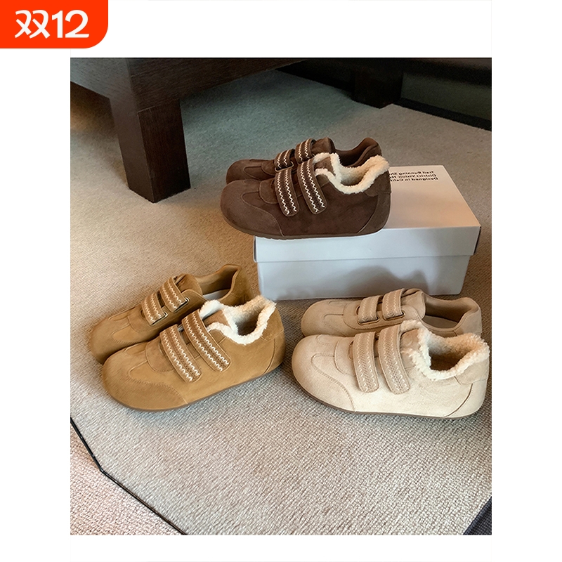 【韩系版】小浣熊~魔术贴刺绣内增高羊毛毛休闲鞋德训鞋女勃肯鞋