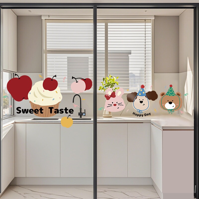 可爱卡通厨房防撞玻璃门贴膜家用透明浴室卫生间装饰静电贴纸防水