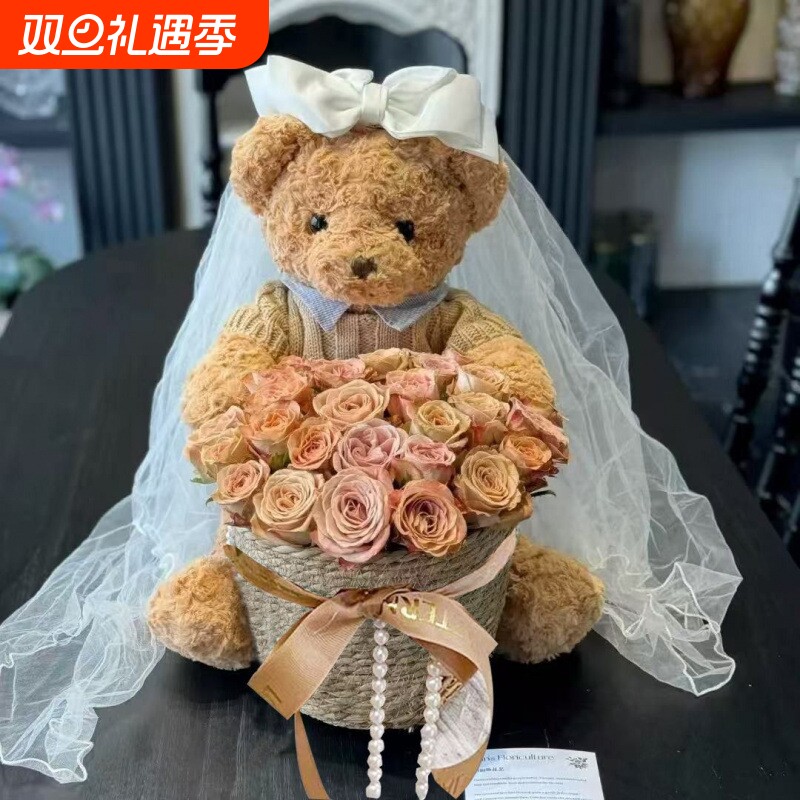 七夕情人节永生花小熊抱抱桶头纱花束仿真玫瑰皂花生日礼物送女生