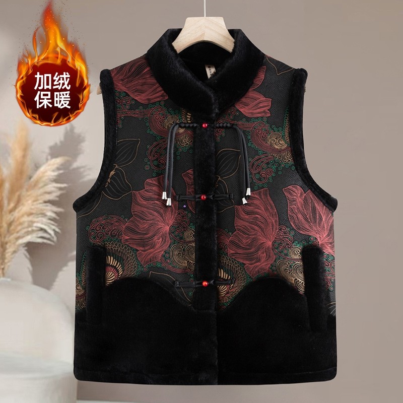 中年妈妈装冬款加绒加厚马甲中老年国风马夹奶奶保暖红色盘扣绿色