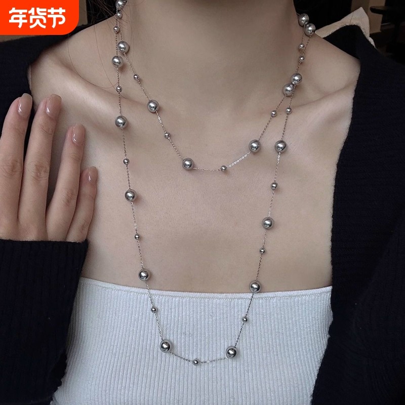925纯银满天星水晶双层多层叠戴长款珍珠项链女轻奢2025新款颈