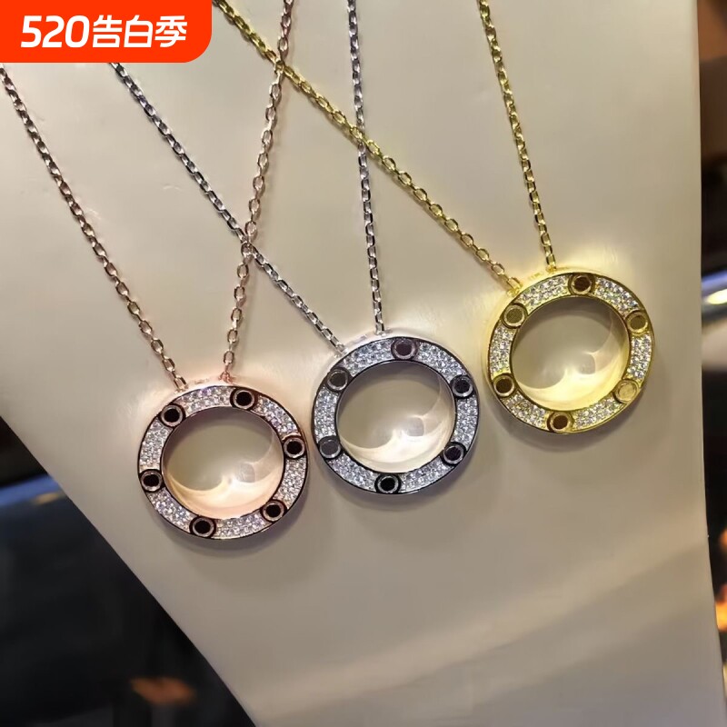 高级感LOVE项链大饼满钻双环锁骨链情侣款礼物玫瑰金白金钉子金色