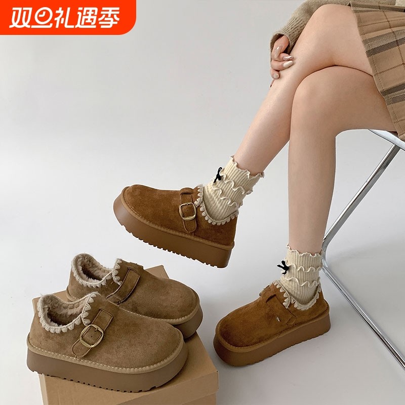 厚底勃肯鞋女2025新款秋冬加绒豆豆鞋保暖雪地靴一脚蹬懒人棉鞋子