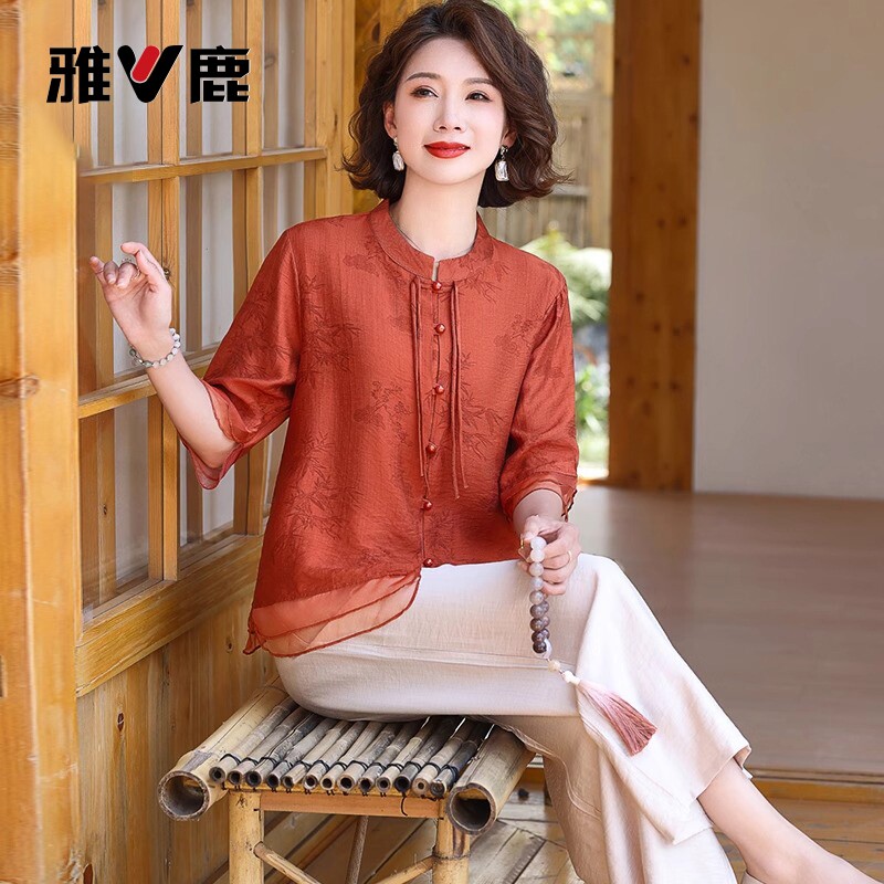 雅鹿正品2026夏季国风妈妈装上衣时尚百搭新中式显瘦小衫套装衬衫
