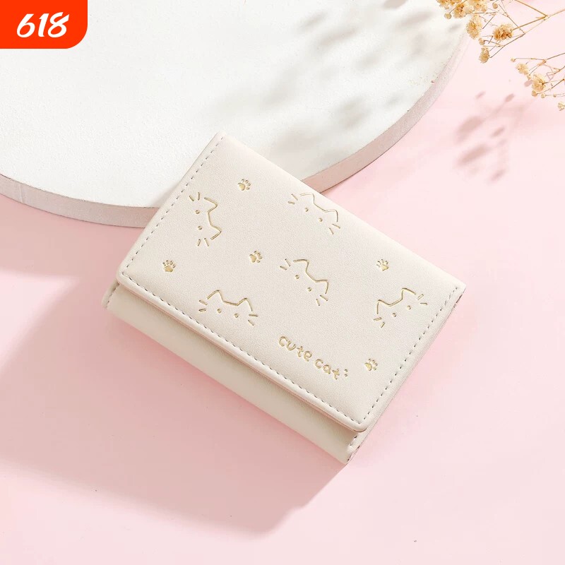 短款折叠小钱包女式小众设计可爱印花猫咪迷你钱夹零钱卡包薄黑色
