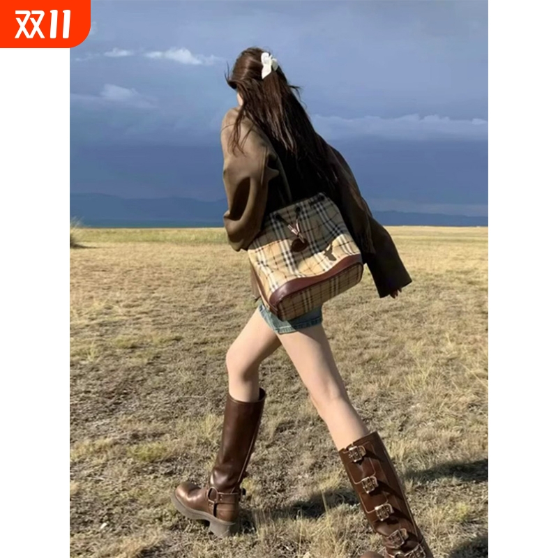 靴子女夏复古高筒靴骑士靴机车靴长筒靴牛仔靴鞋子皮带扣黑色西部