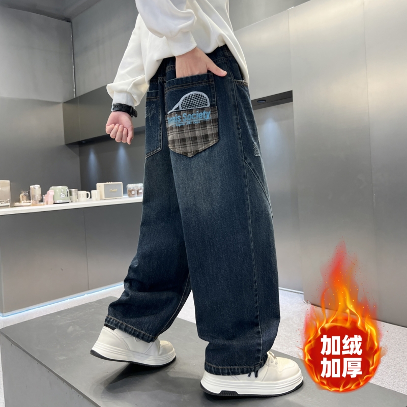 男童牛仔裤春秋款2025新款儿童宽松长裤中大童男孩秋冬加绒裤子潮