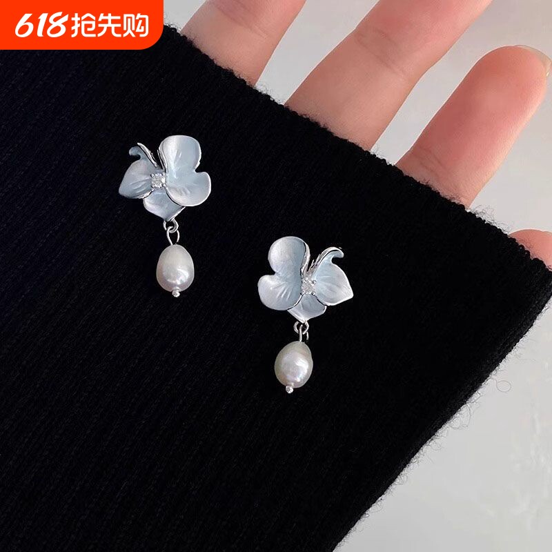 「淡蓝飘花仙子」耳夹无耳洞森系耳钉珍珠新款2025耳环女轻奢小众