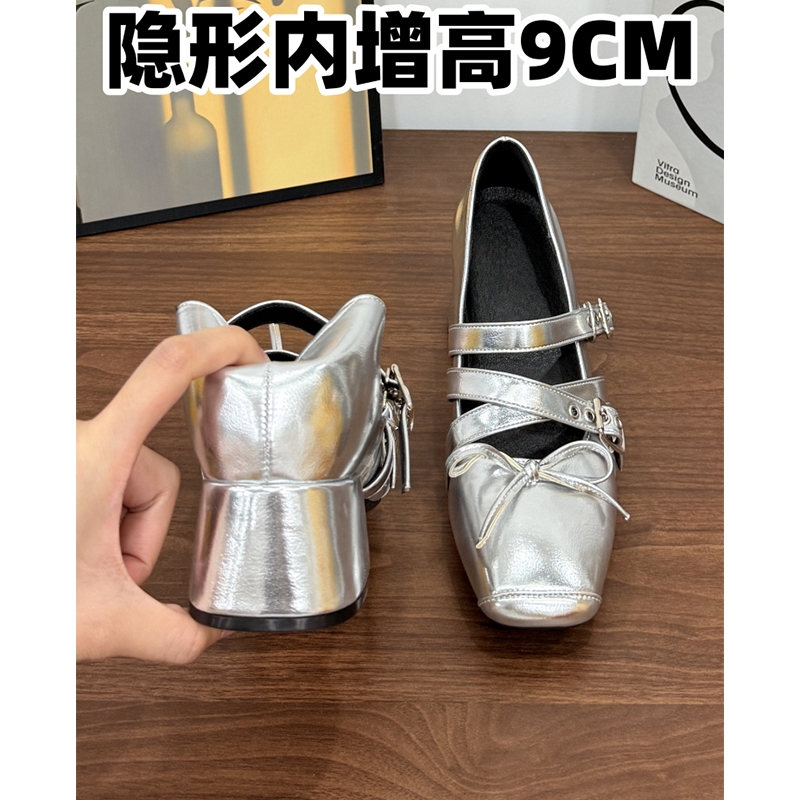 银色软皮单鞋女鞋内增高2025年春夏季蝴蝶结浅口高跟鞋方头玛丽珍