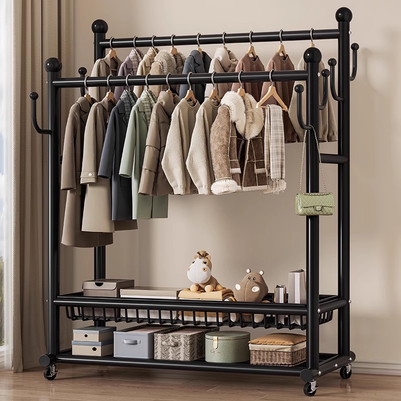 室内移动衣帽架落地卧室家用阳台晾衣架衣服收纳架挂衣架双杆双层