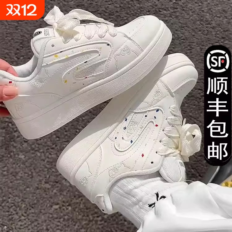 新款米白色涂鸦设计面包鞋女校园风复古休闲滑板鞋增高透气运动鞋