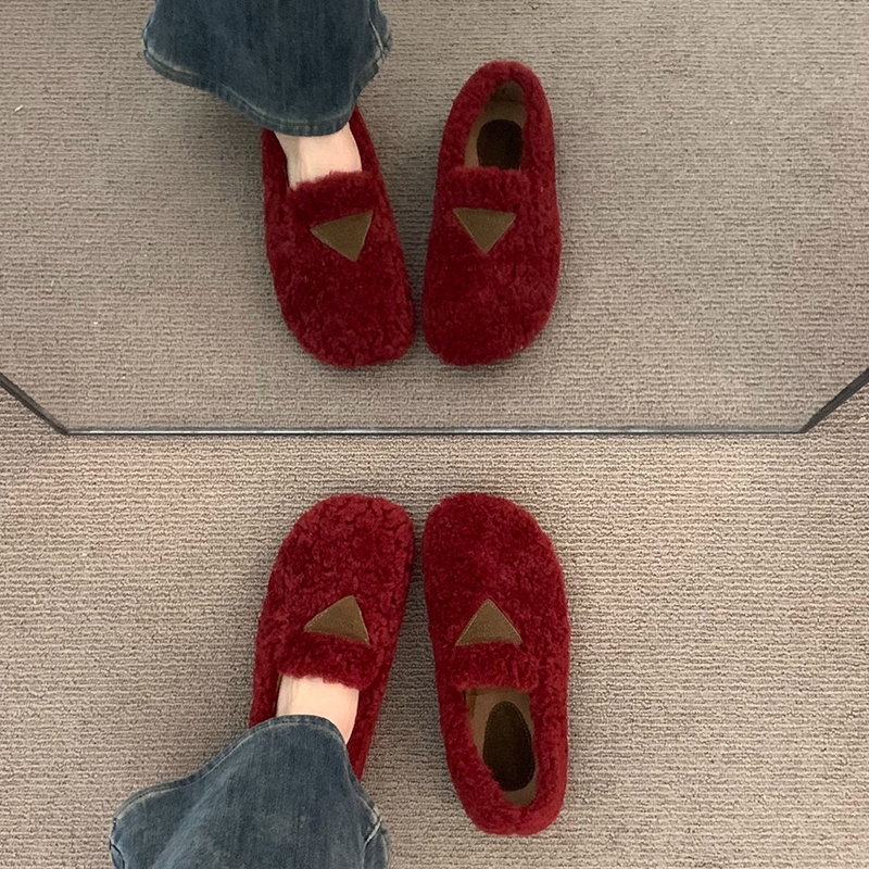 法式复古秋冬红色芭蕾舞勃肯鞋女外穿保暖加绒毛毛鞋女晚晚风单鞋
