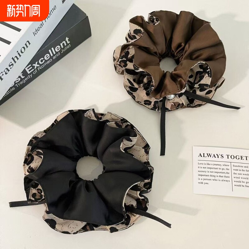 咖色豹纹缎面大肠发圈女气质蝴蝶结扎发头绳秋冬发饰大肠圈高级感