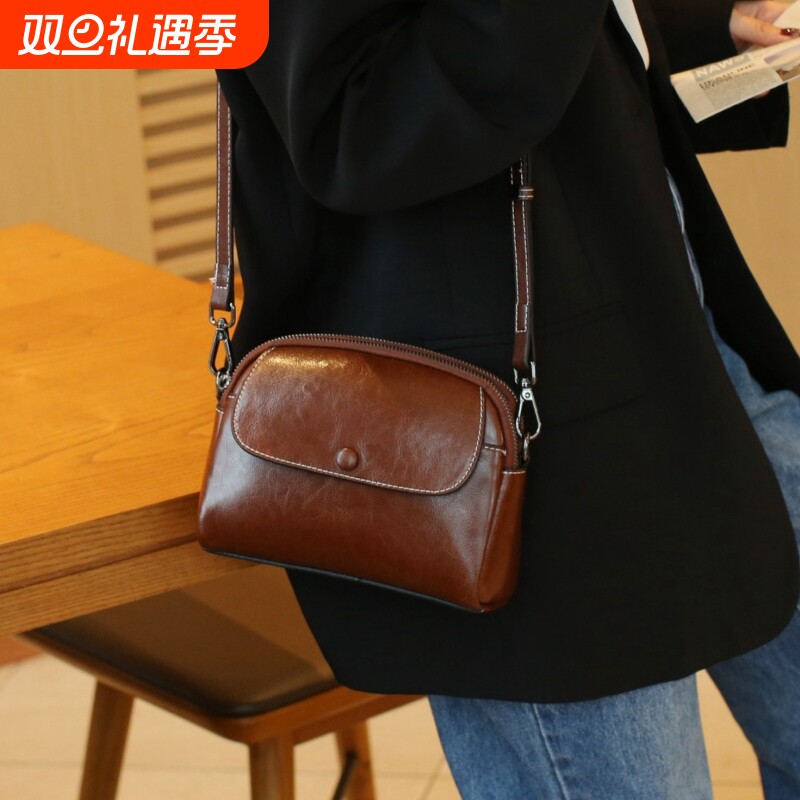 油蜡新款轻奢小方包女包牛皮真皮包复古高级单肩斜挎包百搭简约包