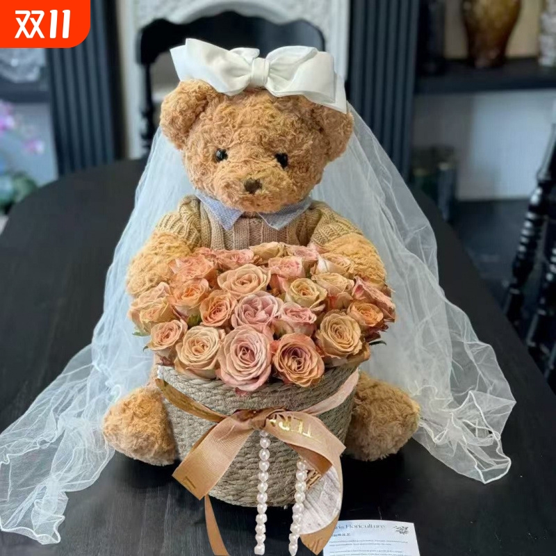 七夕情人节永生花小熊抱抱桶头纱花束仿真玫瑰皂花生日礼物送女生