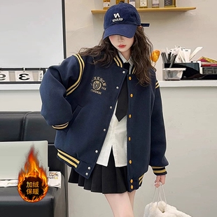 女童外套秋冬季韩版中大童学院风刺绣棒球服儿童网红加绒加厚夹克