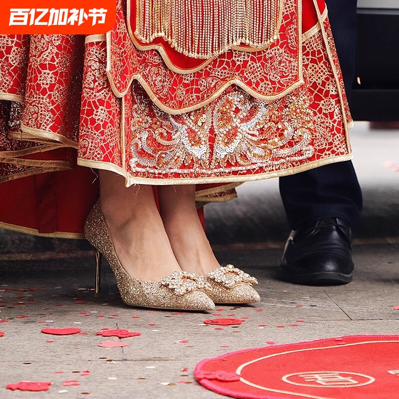 结婚鞋子新娘婚鞋禾秀主婚纱两穿不累脚亮片高跟鞋2025新款水晶鞋
