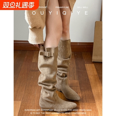 牛皮版~女冬堆堆靴显瘦高筒靴粗跟绒面卡其色长靴小腿复古腿围