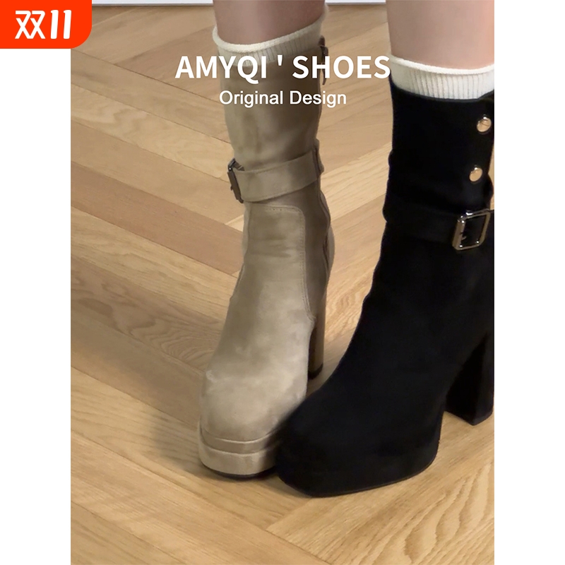~显瘦防水台厚底高跟短靴女2025新款秋冬粗跟弹力瘦瘦靴黑色绒面