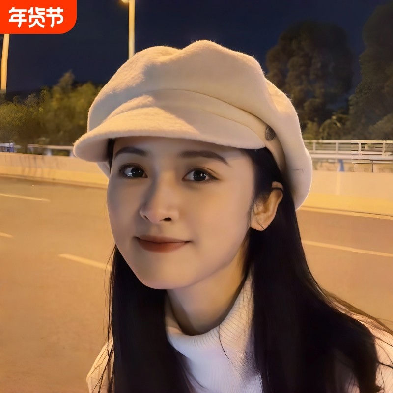 沈月同款白色毛呢八角帽韩系百搭简约画家帽贝雷帽大头围显脸小