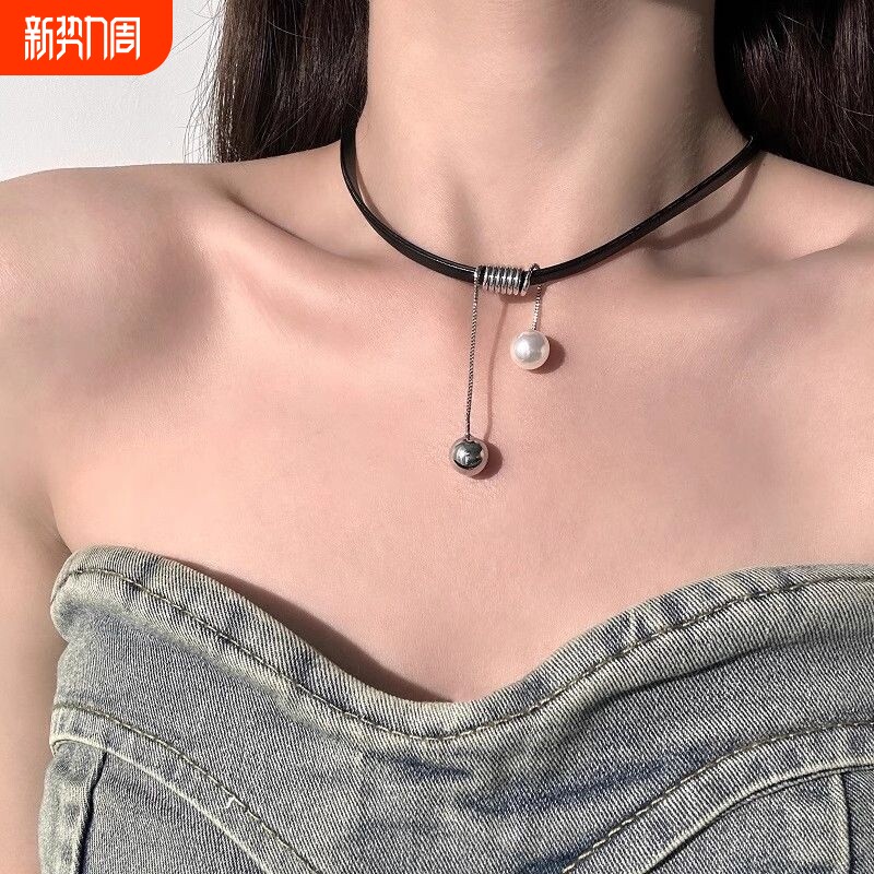 珍珠流苏皮质颈链女ins小众辣妹冷淡风脖子项链夏天简约个性cho