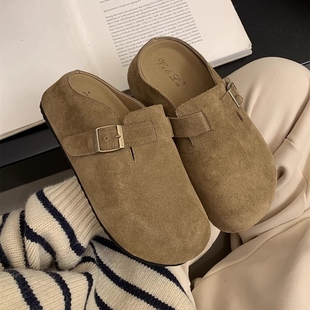 女春秋复古厚底一脚蹬外穿包头半拖鞋 软皮松果勃肯鞋 小土豆天菜