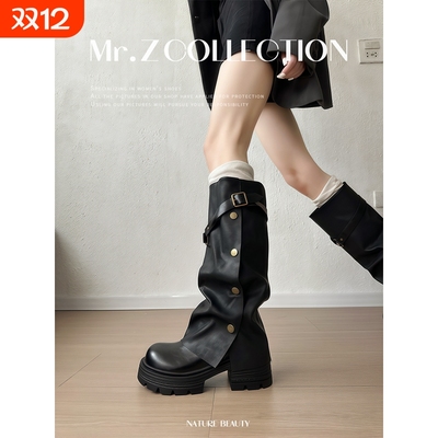 增高6cm高筒圆头长筒靴女黑色