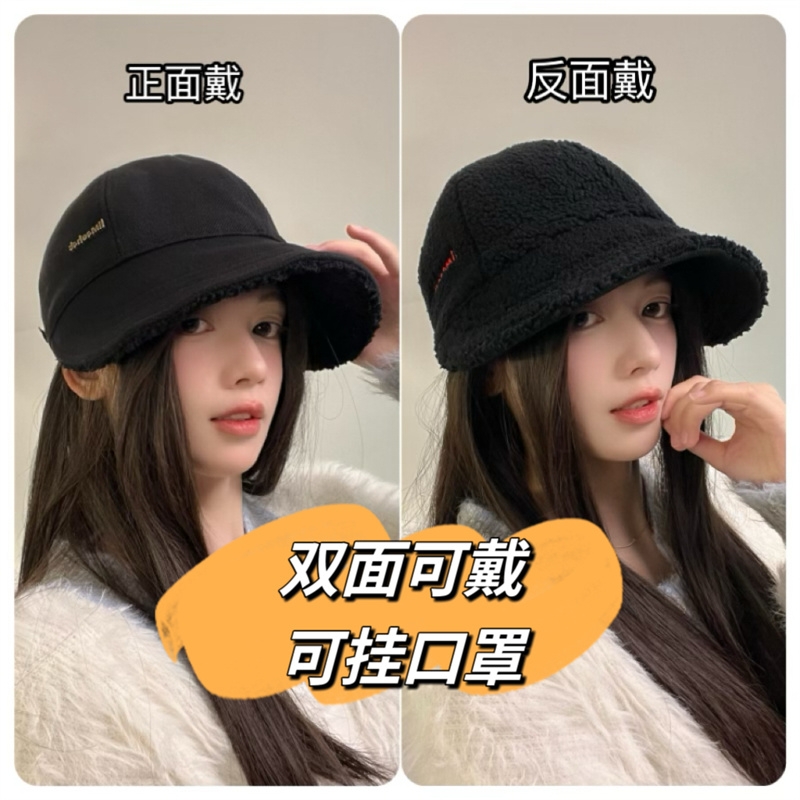 秋冬新款双面加绒加厚保暖鸭舌帽宽檐显脸小时尚百搭渔夫帽潮黑色