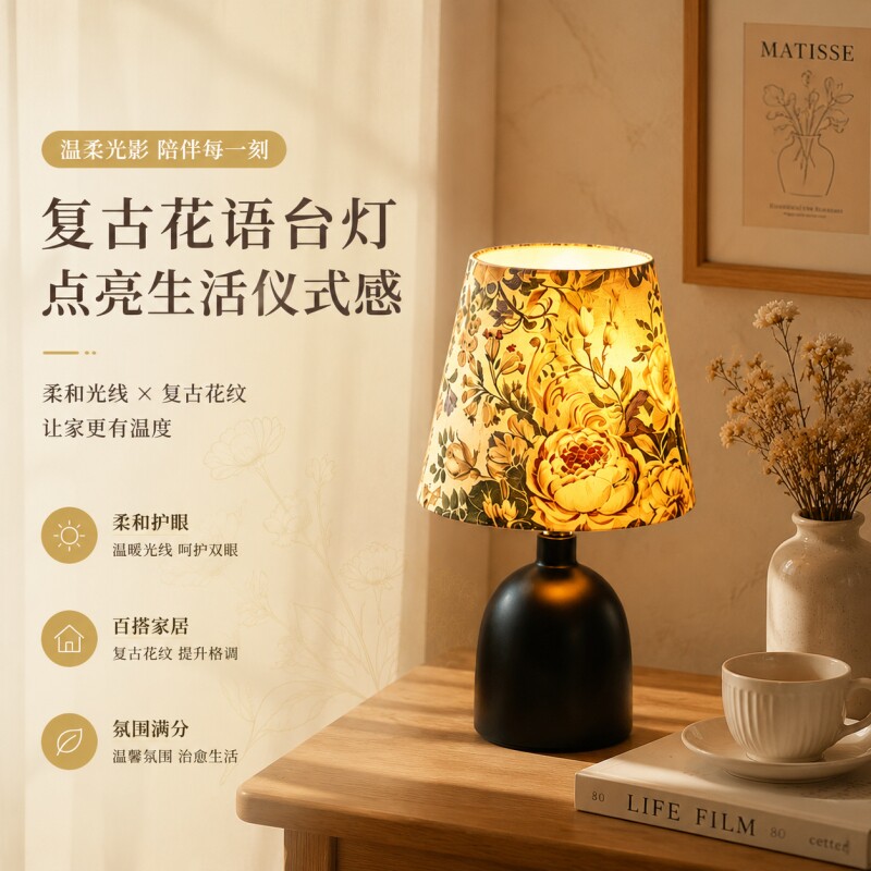 美式花卉台灯中古布艺灯罩客厅书房温馨桌面氛围灯饰卧室护眼暖光