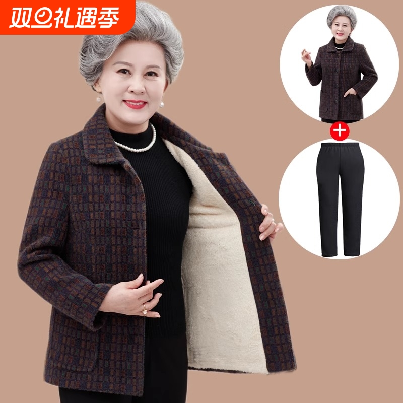 中老年人秋冬装女奶奶装水貂绒外套60岁70妈妈冬装加绒厚棉衣夹克