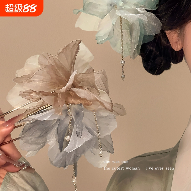 仙气欧根纱仿珍珠流苏u型发簪女