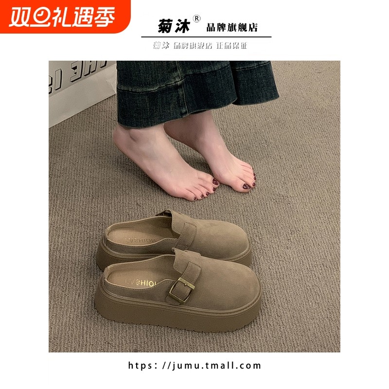 复古厚底勃肯包头半拖鞋女2025春秋新款增高外穿懒人一脚蹬博肯鞋