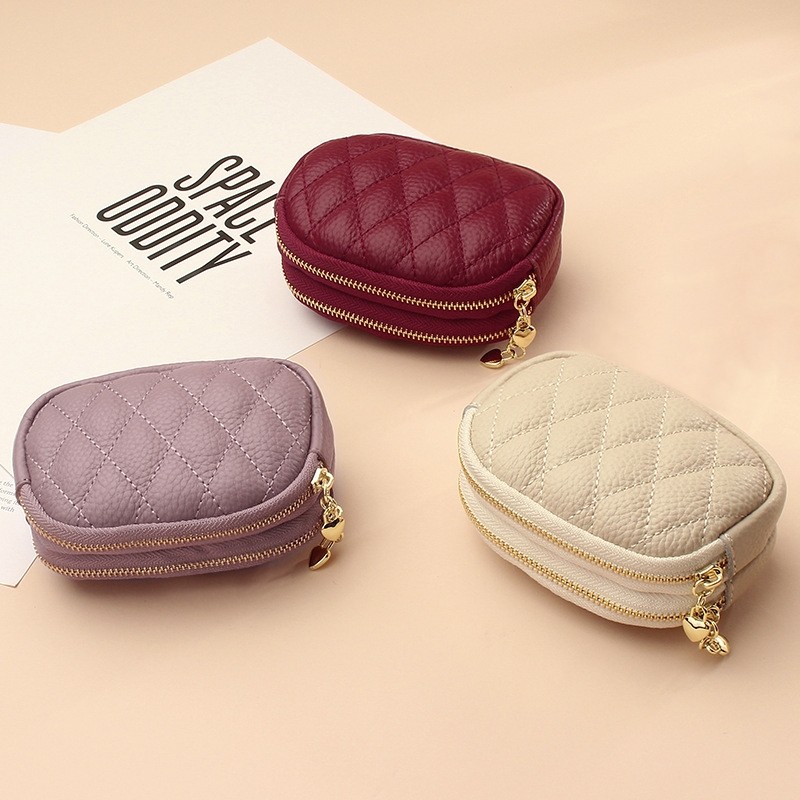 2025新款双层拉链零钱包女小巧便携小钱包菱格圆形小手包手拿小包