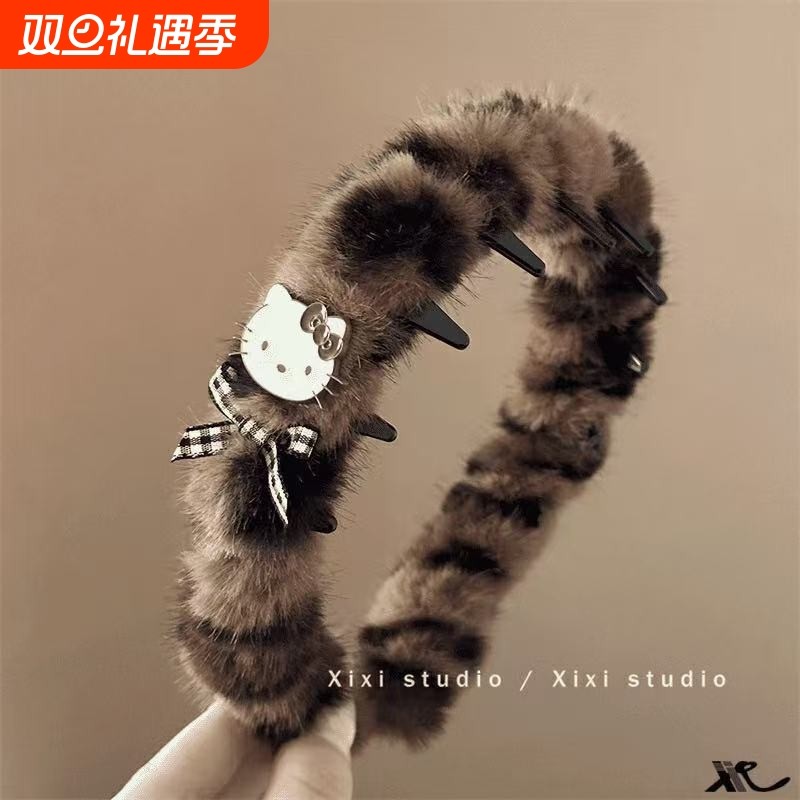 初秋甜酷辣妹KT猫咪发箍时尚毛绒豹纹箍高颅顶带齿发卡蓬松神器饰