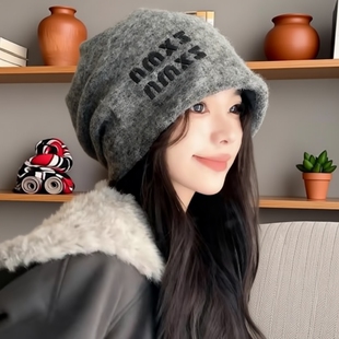慵懒风冷帽女款2025新款秋冬大头围针织堆堆帽保暖护耳毛绒包头帽