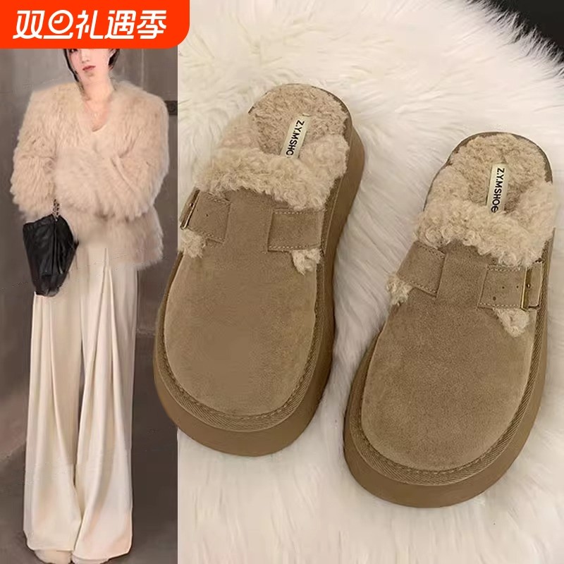厚底包头半拖鞋女外穿2025新款秋冬加绒保暖羊羔毛毛勃肯鞋子棉拖