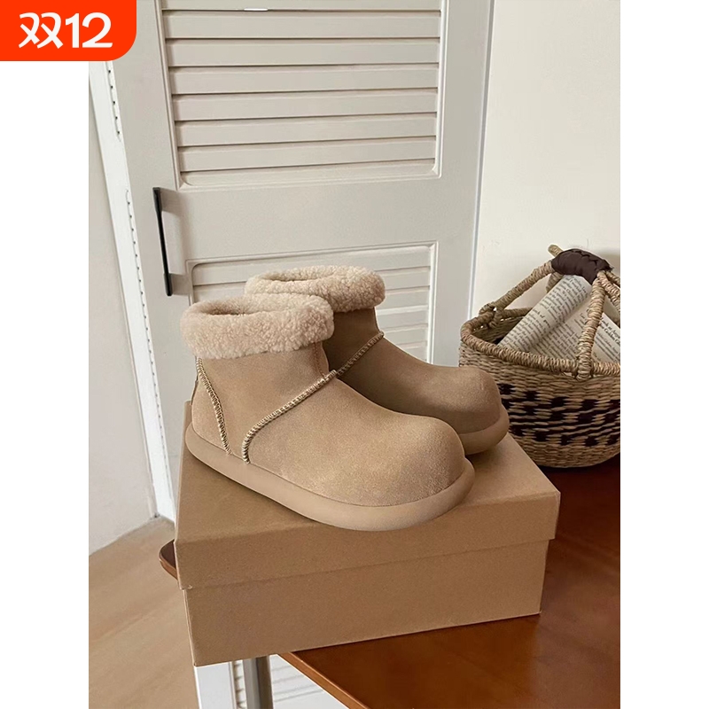 河南桑坡冬季小土豆卷毛雪地靴女2025新款大头鞋加绒短筒防水磨砂