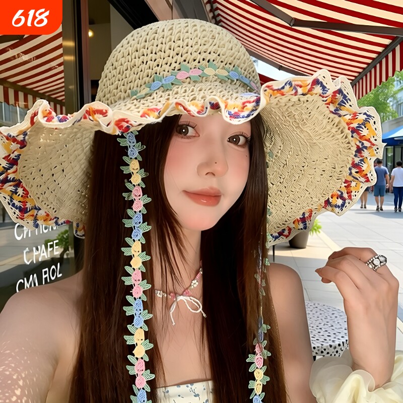 民族风大帽檐草帽帽子女夏海边度假沙滩遮阳防晒渔夫帽草编太阳帽