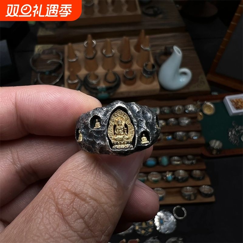 十二生肖八大守护神戒指金佛石窟手工锻打锤纹指环个性精致复古