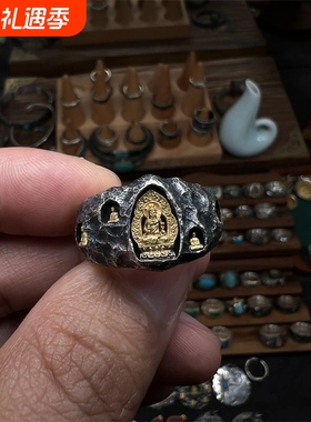 十二生肖八大守护神戒指金佛石窟手工锻打锤纹指环个性精致复古