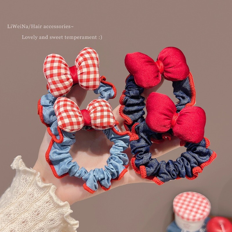 格纹蝴蝶结牛仔小肠发圈女高弹力橡皮筋扎马尾发绳不伤发头绳发饰