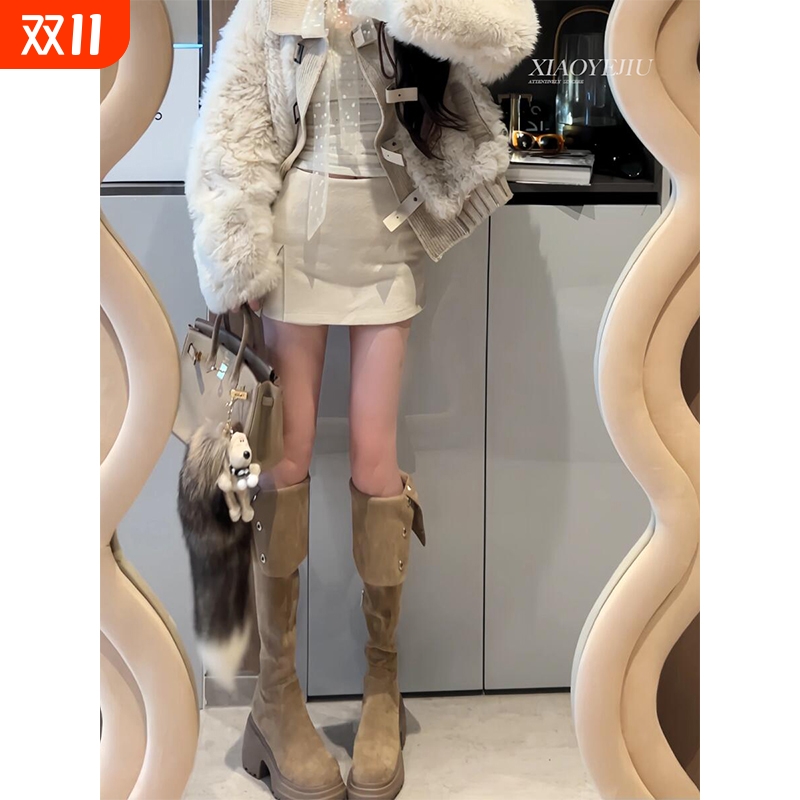 翻折绒面过膝长筒靴女秋冬2025新款厚底小个子长靴女士美拉德靴子
